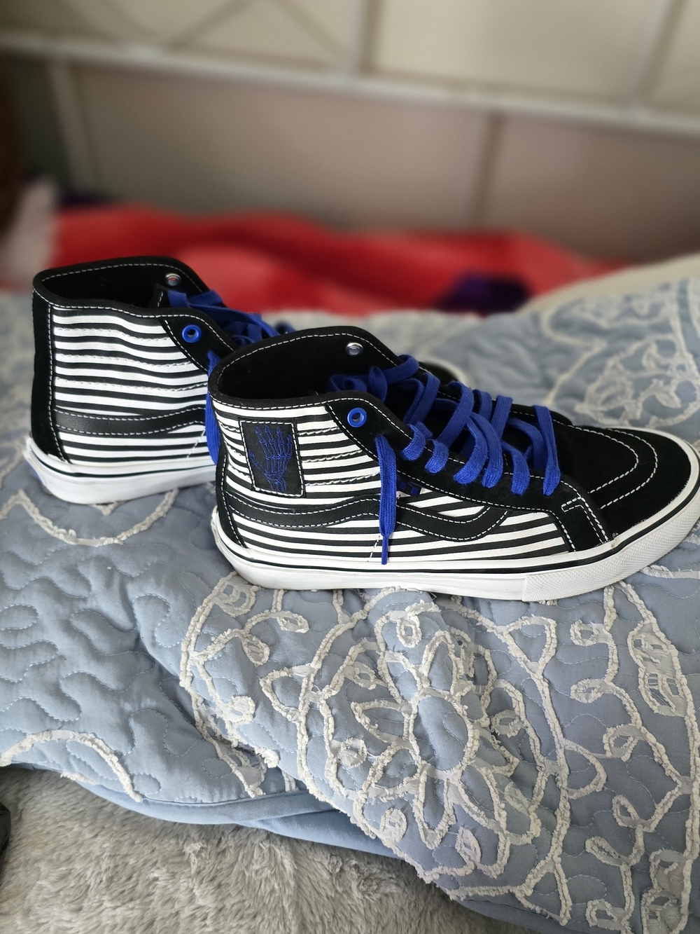 Vans High-Top Sneakers in Black & White Stripe with Blue Laces